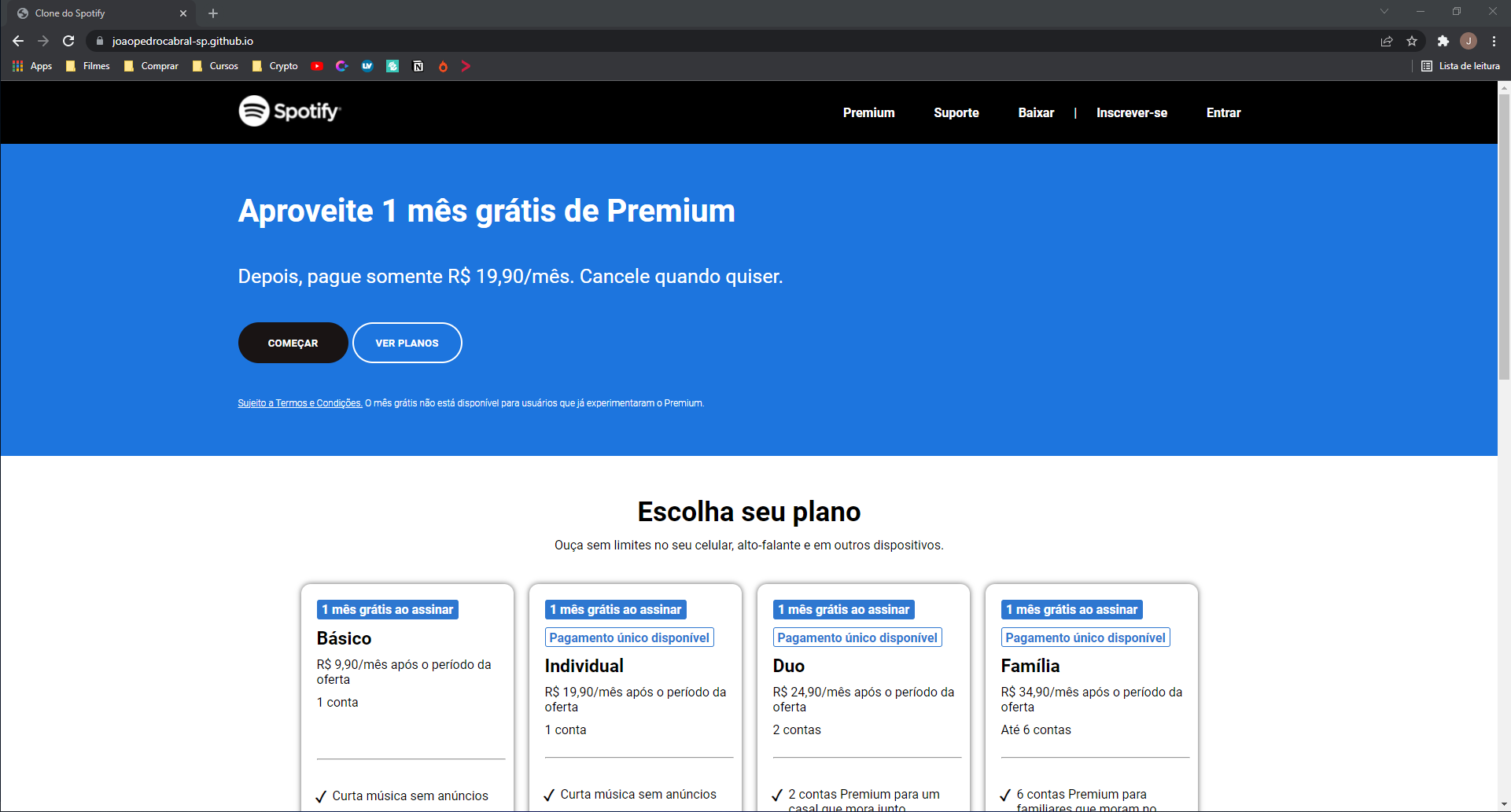 Imagem de um site feito por mim, onde me inspirei no site do Spotify.